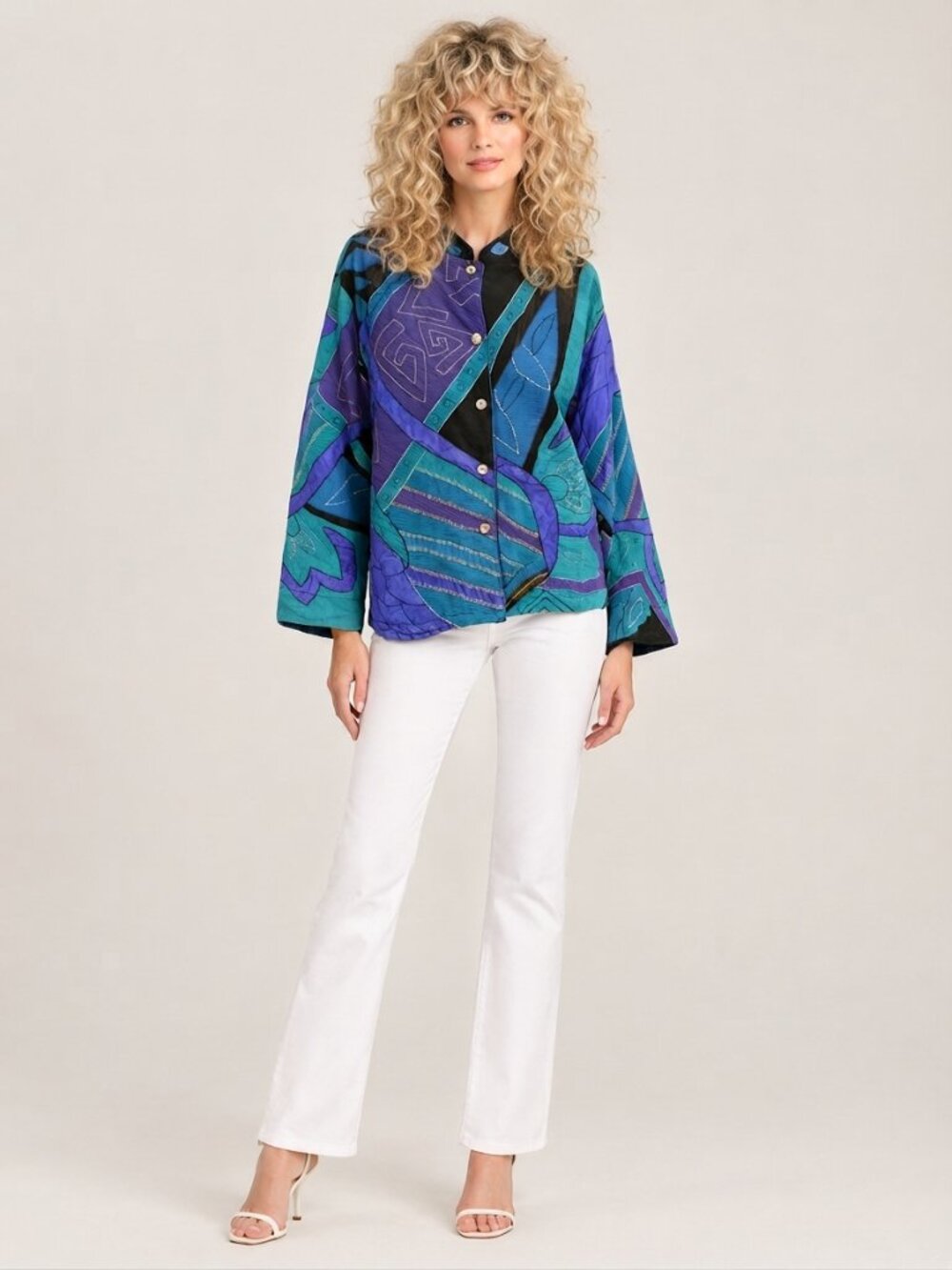 2/$30 Chico's 80's Retro Abstract Varsity Collar Shacket Multi 12 #A4628